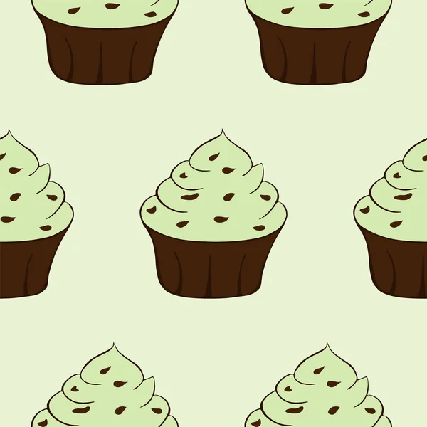 Cupcakes med choklad strössel isolerad. Grön bakgrund. Söt efterrätt med grädde. Pistasch eller mintsmak. Sömlös mönster.Vektorillustration — Stock vektor