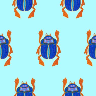 Scarab mavi arka planda izole edildi. Böcek, Böcek ve Böceklerle kusursuz bir düzen. Paket kağıdı, kapak, tebrik kartı, duvar kağıdı, kumaş için tasarım