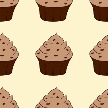 Sarı arka planda izole edilmiş lezzetli çikolatalı kekler. Tatlı, pürüzsüz desen. Vektör illüstrasyonu