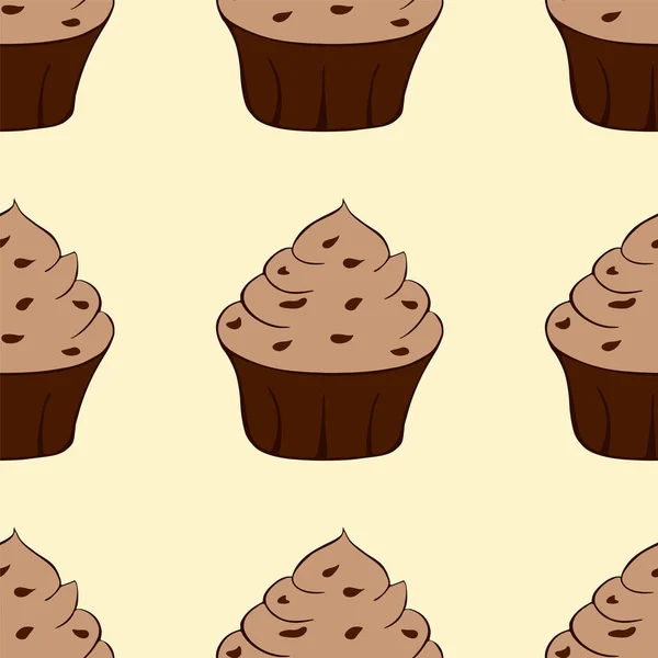 Tasty chocolate cupcakes isolated on yellow backgroud. Sweet dessert seamless pattern. Vector illustration — Stock Vector