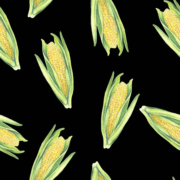 Seamless Pattern of corn cobs with leaves on black background. Eco vegetables plants. FShop design, healthy lifestyle, packaging, textile. Hand drawn watercolor illustration. Botanical realistic art — Stock Photo, Image