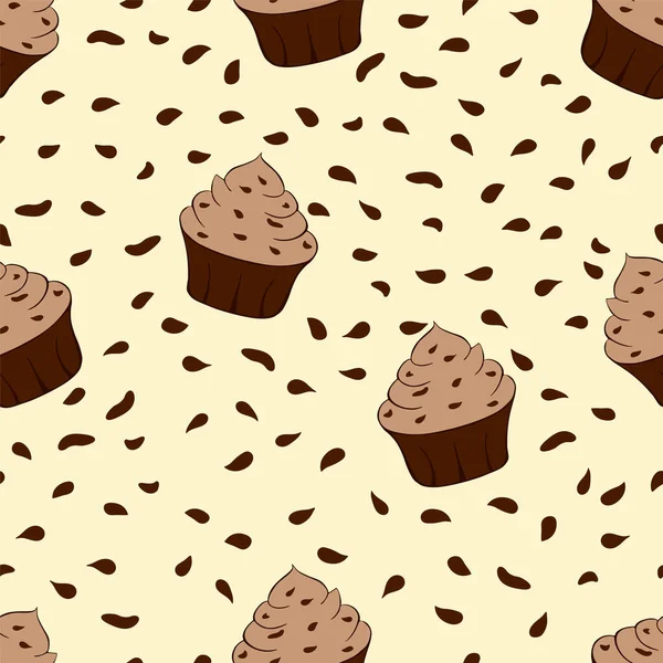 Tasty chocolate cupcakes isolated on yellow backgroud. Sweet dessert seamless pattern. Vector illustration — Stock Vector