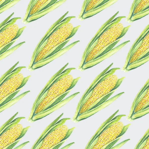 Бесшовный узор кукурузных початков с листьями на сером фоне. Растения из экологических овощей. Дизайн FShop, здоровый образ жизни, упаковка, текстиль. Ручной рисунок акварелью. Ботаническое реалистическое искусство — стоковое фото