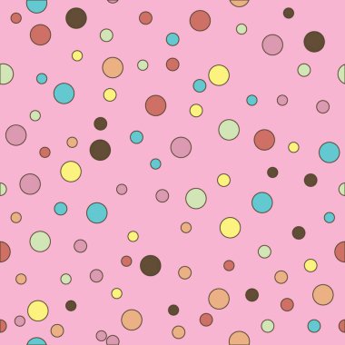 Renkli noktalı, pürüzsüz desen. Pembe arka planda Polka Dot. Vektör illüstrasyonu