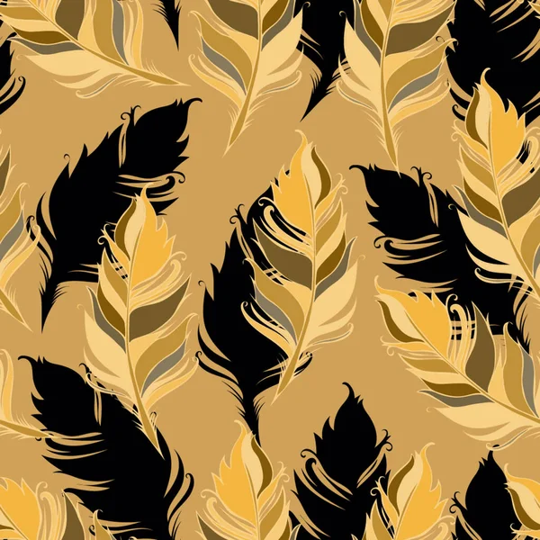 Feathers Seamless pattern. Vector illustration. Yellow gold background — Stock Vector