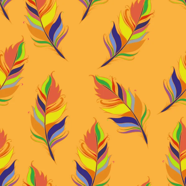 Bright feather print. Orange background. Summer Seamless pattern. Colorful Vector illustration — Stock Vector