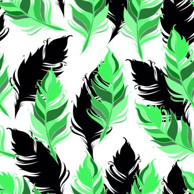 Beyaz arka planda yeşil ve siyah tüyler. Kusursuz desen. Vektör illüstrasyonu