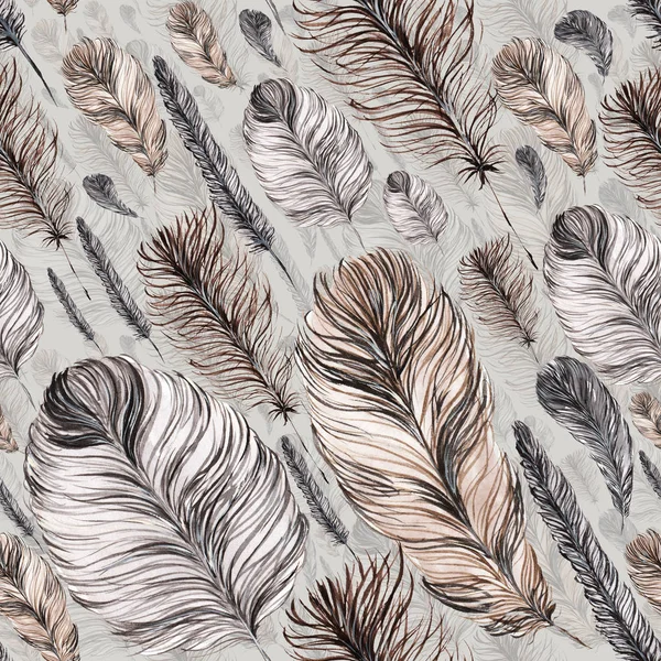 seamless pattern of feathers, hand-painted watercolor. Grey and
