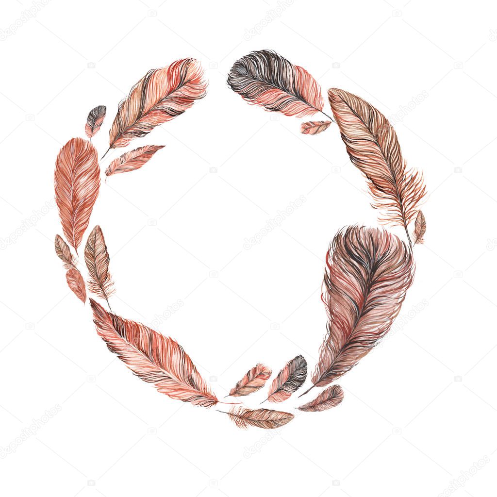 wreath, frame of feathers, hand-painted watercolor. Grey and its