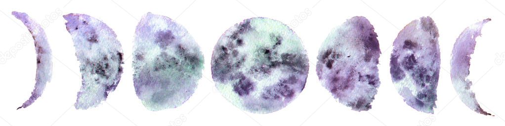 all the phases of the moon, watercolor