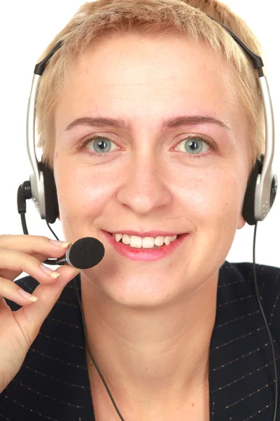 Retrato de feliz sonriente operador de teléfono de apoyo alegre en auriculares, aislado sobre fondo blanco — Foto de Stock