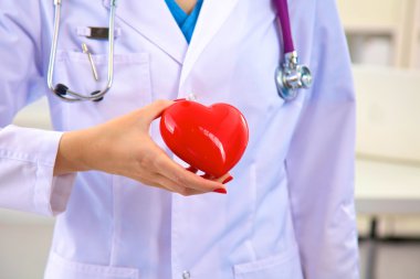 Genç kadın doktor ofisinde kırmızı bir kalp tutan