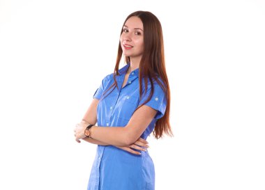 genç kız üzerinde beyaz bir arka plan ayakta