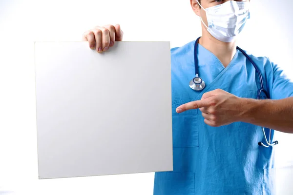 Surgeon in the mask holds a placard — Stock Photo, Image