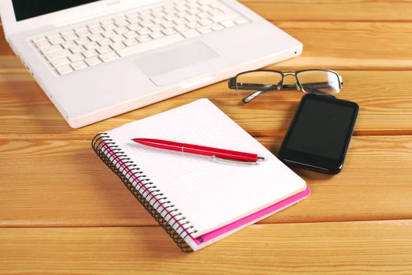 stock image Desk with a calculator Office table with notepad. View from above with copy space