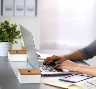 bir dizüstü bilgisayarda çalışan genç iş kadını