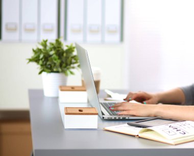 bir dizüstü bilgisayarda çalışan genç iş kadını