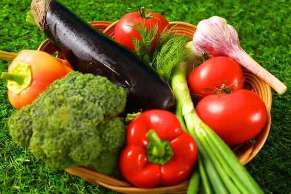 Verduras frescas en un plato en la hierba. Comida saludable. Dieta — Foto de Stock