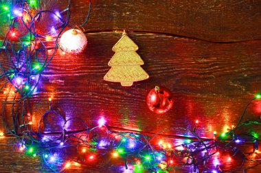 Noel rustik arka plan - vintage ahşap ışıkları ve serbest metin alanı ile dalgalı