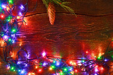 Noel rustik arka plan - vintage ahşap ışıkları ve serbest metin alanı ile dalgalı