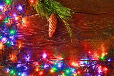 Noel rustik arka plan - vintage ahşap ışıkları ve serbest metin alanı ile dalgalı