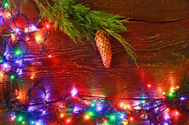 Noel rustik arka plan - vintage ahşap ışıkları ve serbest metin alanı ile dalgalı