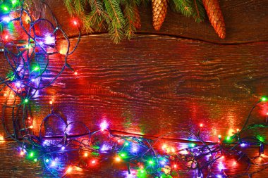 Noel rustik arka plan - vintage ahşap ışıkları ve serbest metin alanı ile dalgalı