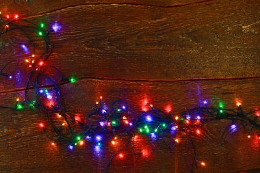 Noel rustik arka plan - vintage ahşap ışıkları ve serbest metin alanı ile dalgalı