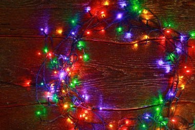 Noel rustik arka plan - vintage ahşap ışıkları ve serbest metin alanı ile dalgalı