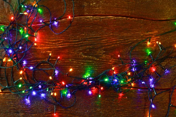 Karácsonyi rusztikus háttér - vintage planked fa fények és szabad szöveg tér — Stock Fotó