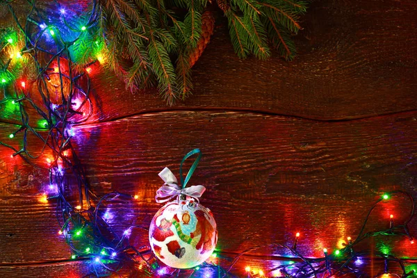 Christmas rustic background - vintage planked wood with lights and free text space — Stock Photo, Image