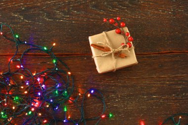 Noel rustik arka plan - vintage ahşap ışıkları ve serbest metin alanı ile dalgalı