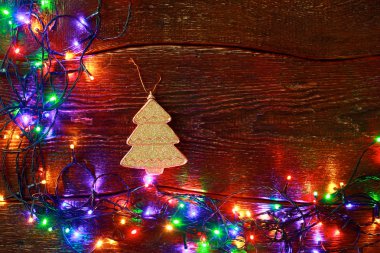 Noel rustik arka plan - vintage ahşap ışıkları ve serbest metin alanı ile dalgalı