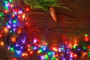 Noel rustik arka plan - vintage ahşap ışıkları ve serbest metin alanı ile dalgalı