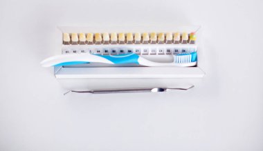 Mavi arka planda diş modeli ve dişçi ekipmanı, diş arka planının konsept görüntüsü. Diş temizliği geçmişi