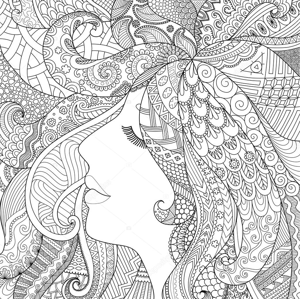 Zendoodle design of girl sleeping with shadow effect for adult coloring book pages for anti stress
