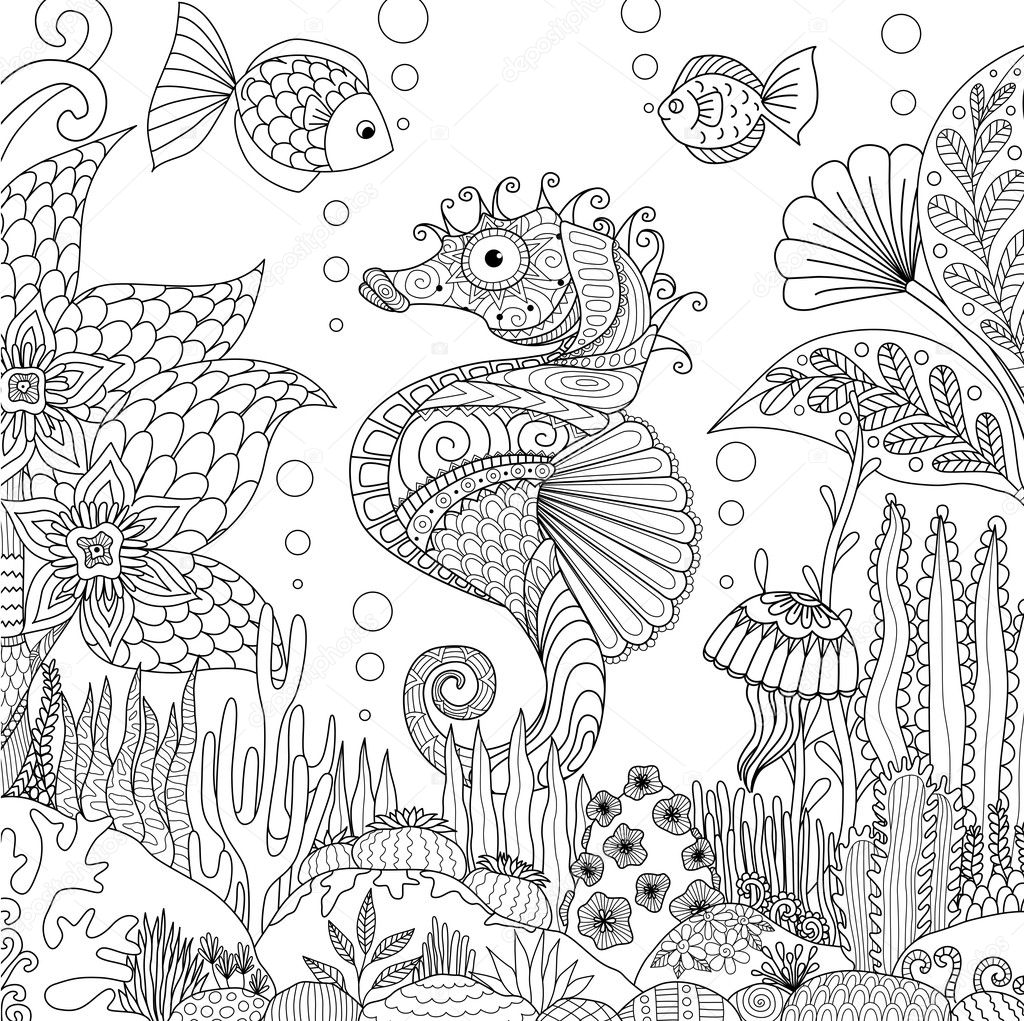 Zendoodle design di Cavalluccio Marino nuoto sotto oceano circondato da bellissimi coralli e alghe per l adulto libro colorare per anti stress Stock