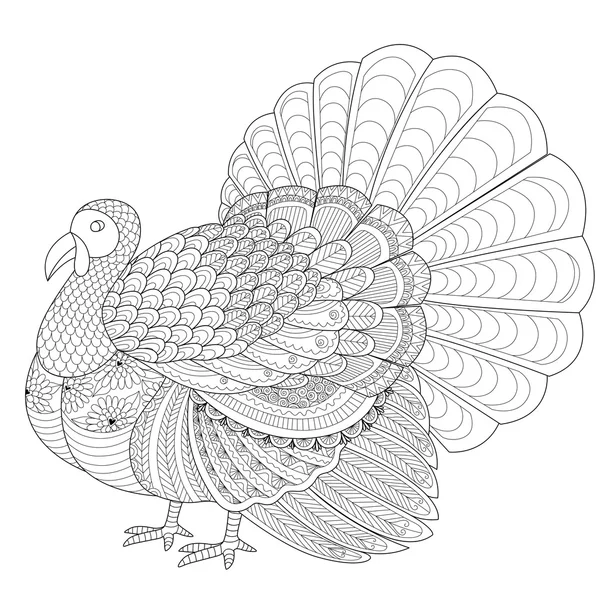 Pavo zentangle detallado para colorear página para adultos — Vector de stock