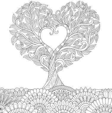 Flowers in heart shape on floral ground line art design for coloring book for adult, tattoo, T- Shirt graphic, cards and so on