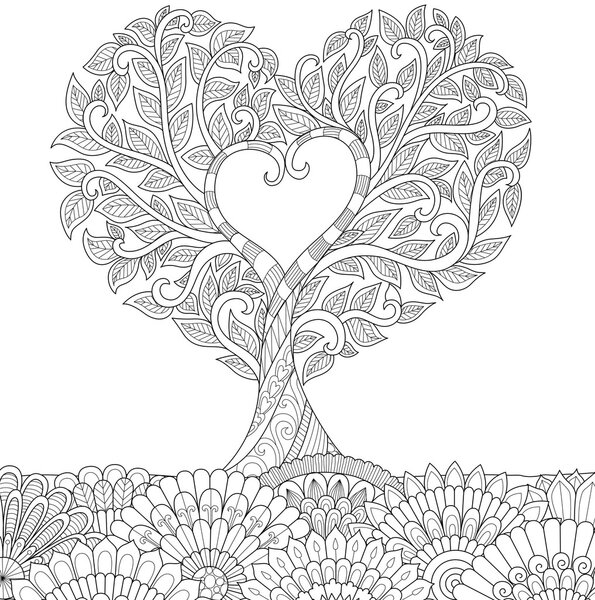 Flowers in heart shape on floral ground line art design for coloring book for adult, tattoo, T-Shirt graphic, cards and so on

