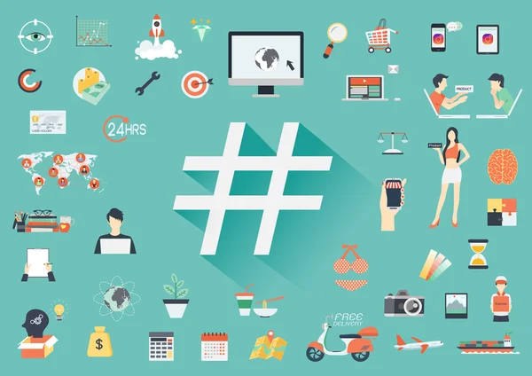 Symbole de hashtag avec une longue ombre et des icônes plates d'affaires. Modèle de bannière - vecteur de stock — Image vectorielle