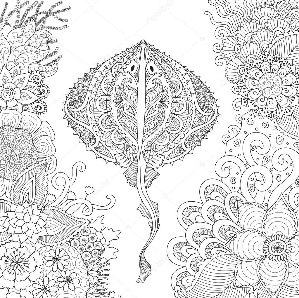 Zendoodle of Stingray swimming among beautiful corals under water world for adult coloring book pages - Stock Vector
