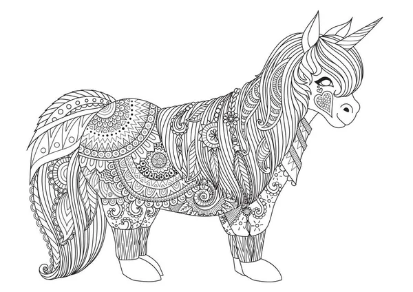 Desain Zentangle terinspirasi dari kuda poni kecil yang bahagia untuk halaman buku pewarnaan dewasa - Stok Vektor