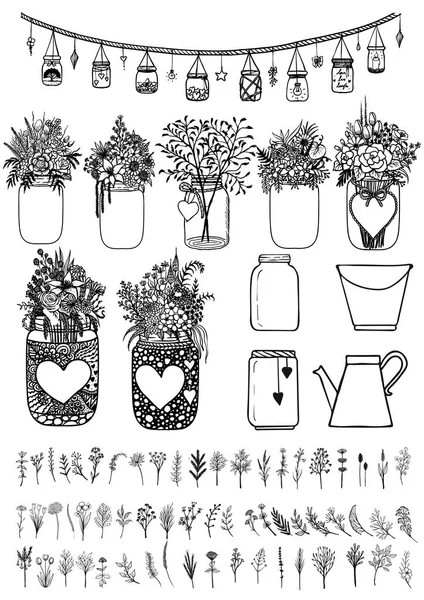 Gran conjunto de tarros de albañil y flores silvestres para el elemento de diseño para tarjetas de boda, tarjetas de regalo, tarjeta de San Valentín y así sucesivamente. Vector de stock — Vector de stock