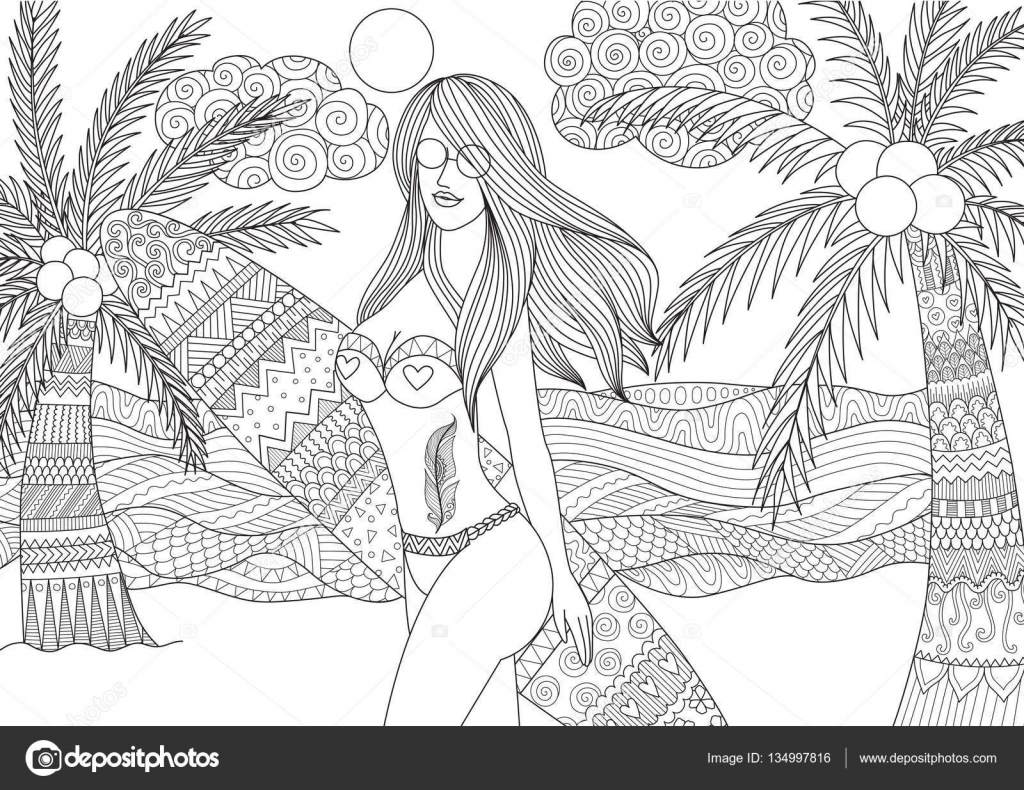 zentangle design von sexy girl holding surfbrett walking