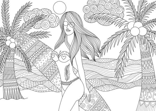 Zentangle Design von sexy Mädchen hält Surfbrett zu Fuß am Strand mit welligem Meer und Kokospalmen für Erwachsene Malbuch Seiten — Stockvektor