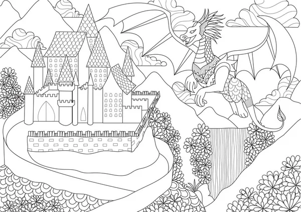 Dragon volant au-dessus de castel — Image vectorielle