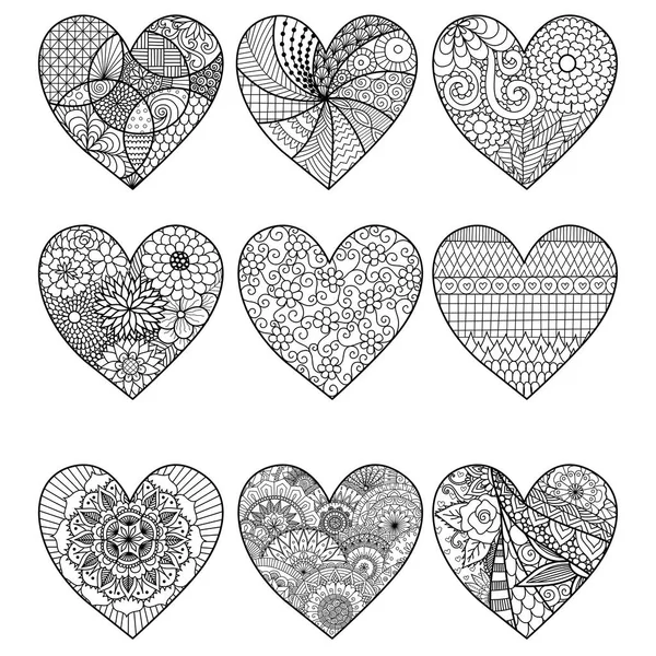 Nine zendoodle hearts for adult coloring book pages — Stock Vector