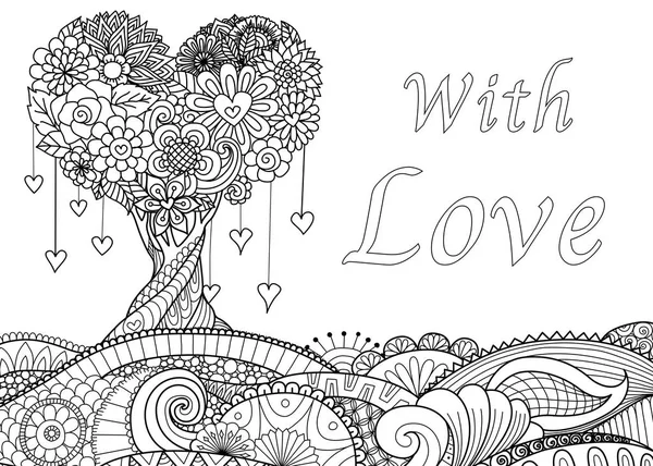 Love tree on floral ground for adult coloring book pages, Valentine 's card, Wedding invitation — стоковый вектор