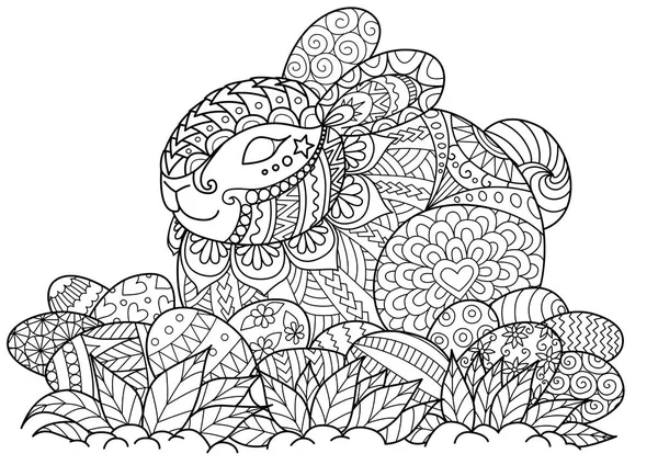 Zendoodle stilisieren niedlichen Hasen sitzt auf Ostereiern für Poster, Karte, Einladung, Malbuch Seite — Stockvektor